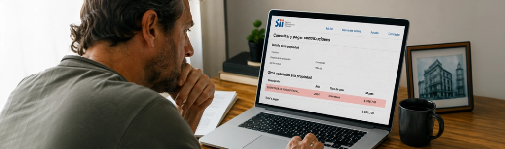 Dueño de propiedades revisando el giro de sobretasa de contribuciones del SII